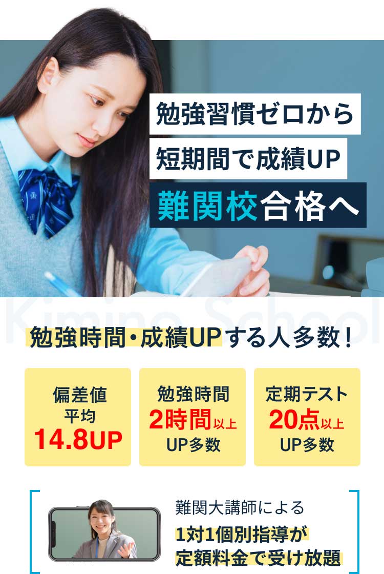 勉強習慣ゼロから短期間で成績UP難関校合格へ、対象：中学生・高校生／既卒生,難関大講師による1対1個別指導が定額料金で受け放題、勉強時間・成績UPする人多数！偏差値平均14.8UP,勉強時間2直に上UP多数、定期テスト20点以上UP多数